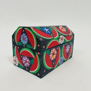 Hand Painted Wooden Trinket Jewelry Box Mexican Signed Watermelon Floral Vintage